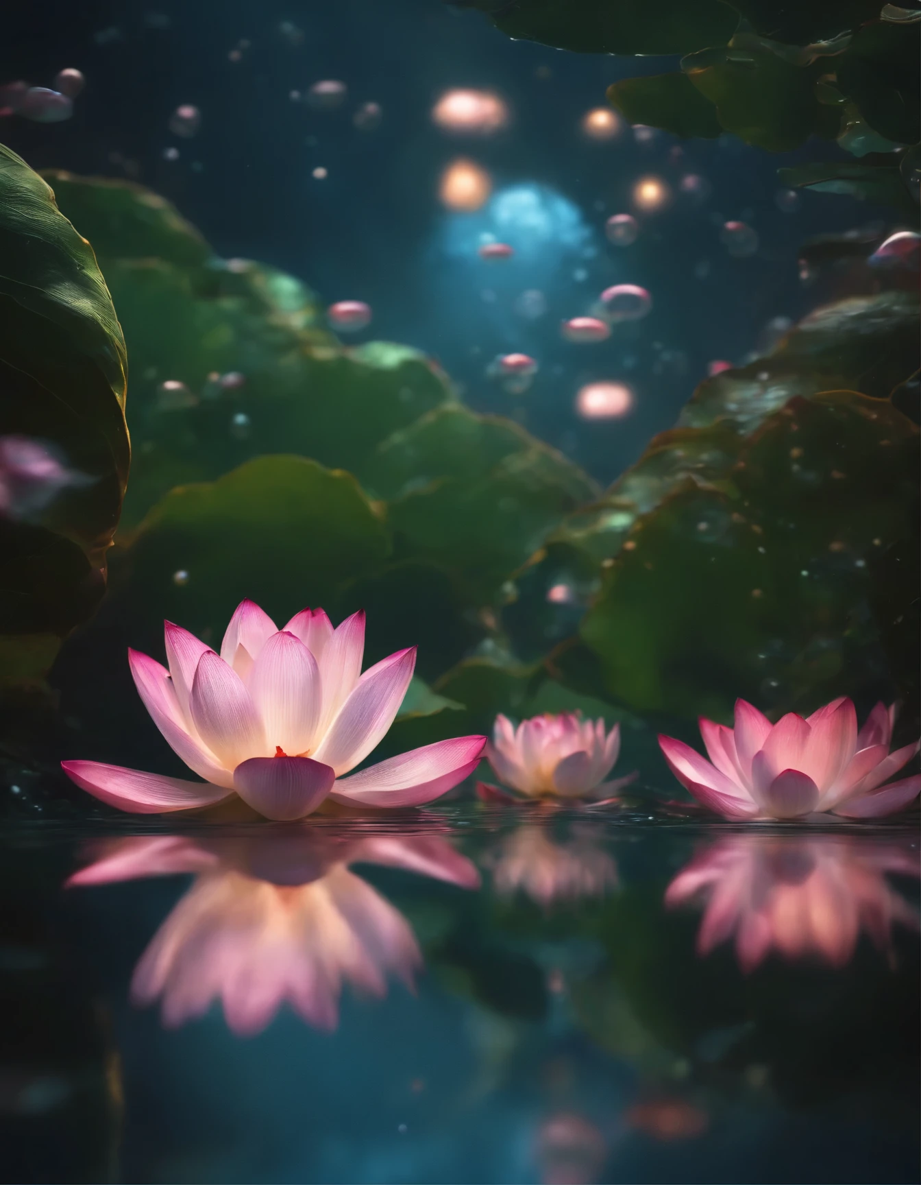"masterpiece,best quality:1.2,ultra-detailed,exquisitely subtle, cinematic lighting,underwater,full of lotus flowers, a water bottle jogging,ripples, bubbles, celestial bodies, buddha's radiance"