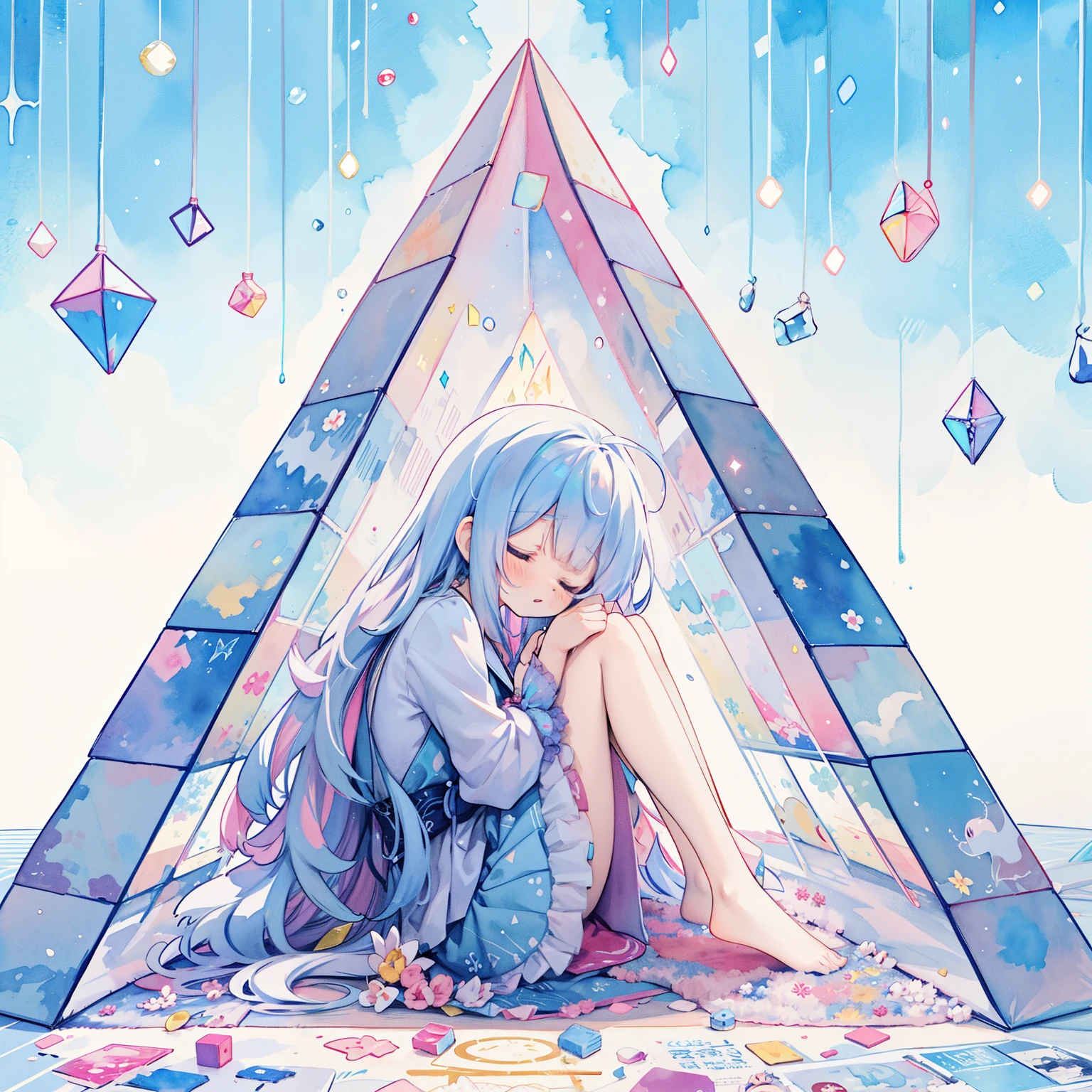 A hundred million pyramids falling from the sky、Pastel colors watercolor anime、A fairy princess in a dress is sleeping sitting upright in a holographic pyramid.、Aurora color、anime girl sitting on the ground with a pyramid in the background, dreamy psychedelic anime, by Yuumei, prism, prismatic, digital art on pixiv, anime wallaper, anime art wallpaper 4k, anime art wallpaper 4 k, shimmering and prismatic, pixiv style, bismuth, anime abstract art, beautiful anime art style, beautiful anime artwork