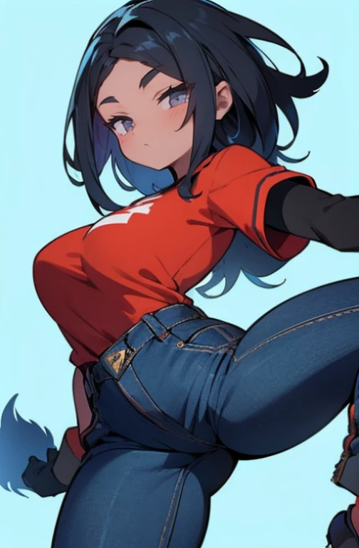 (3/4 retrato) adolescente de pele morena escura, Olhos muito afiados (olhos pretos afiados), medium black hair (penteado com corte de lobo em camadas longas), camisa branca sem mangas (Ajuste solto), black karate gloves, very wide pants (wide blue jeans, Wide Jeans, high waist jeans cargo pants)