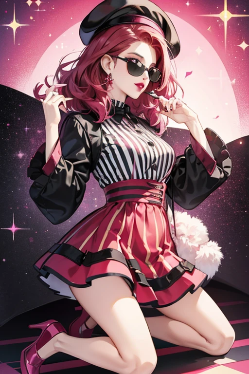 She is a magenta with purple lips and red hair. She wears a striped black and white dress, red high heeled shoes, a black beret, and sunglasses. In her preliminary colors, she was bright pink with red lips and shoes, and her hair was black. SPARKLE; GLITTER