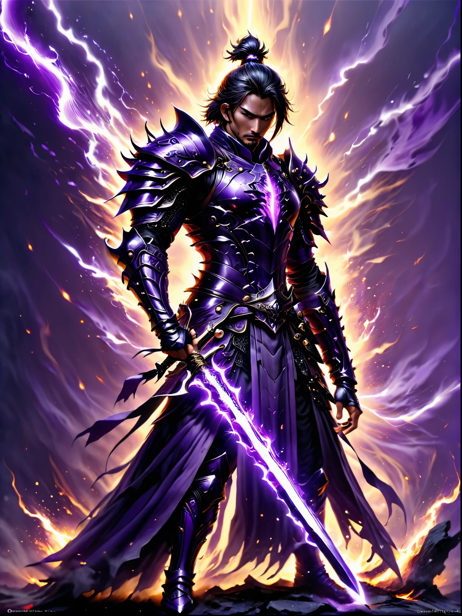 swordsman, Powerful Swordsman, (Holding a dimly glowing sword in both hands), Dynamic poses，Black and purple metal arm, Purple ominous breath, Combat system, wind，Background black and purple flames，best quality, very good, Ridiculous, Extremely detailed,