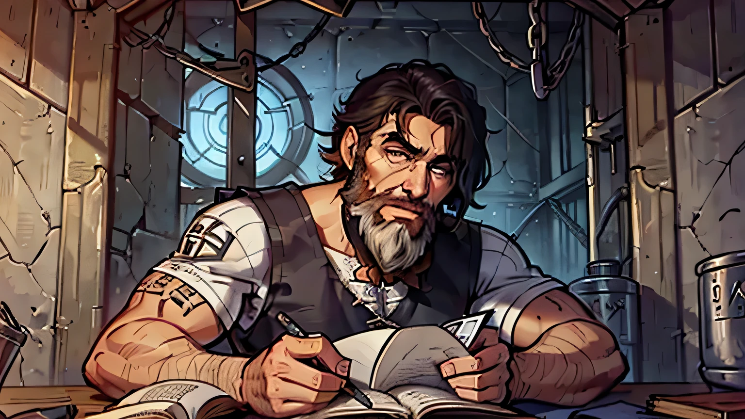 bearded Hebrew man, short hair, imprisoned in a prison, writing with intensity, immersed in writing the letter to the Colossians. his determined expression as he writes passionately about the teachings of Christ, Biblical style, Hebrew style