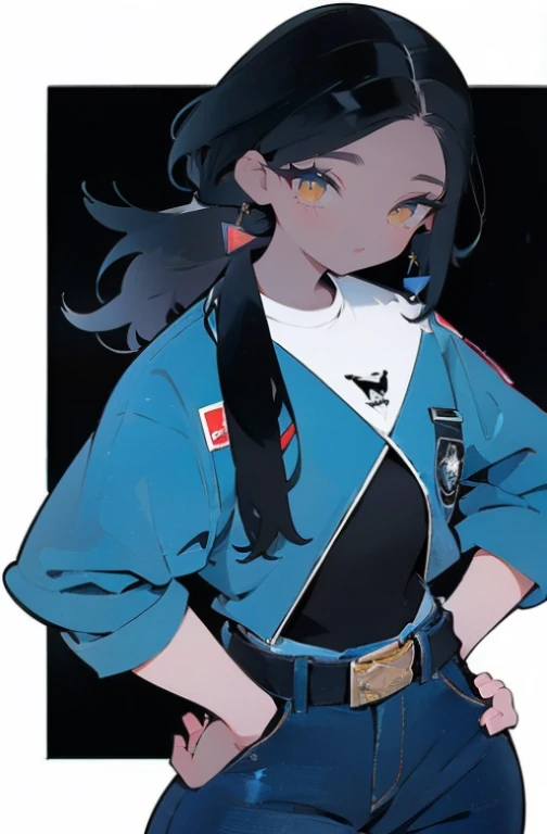(3/4 retrato) adolescente de pele morena escura, Olhos muito afiados (olhos pretos afiados), medium black hair (penteado com corte de lobo em camadas longas), camisa branca sem mangas (Ajuste solto), black karate gloves, very wide pants (wide blue jeans, Wide Jeans, high waist jeans cargo pants)