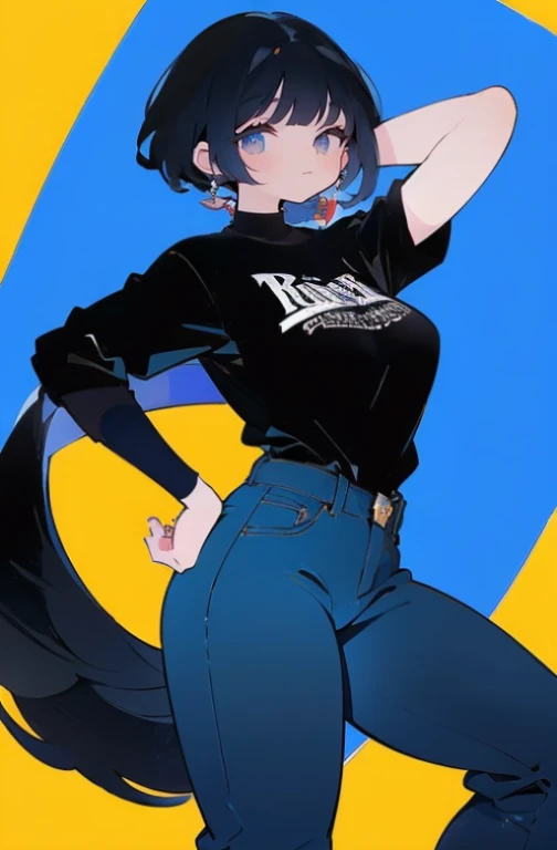 (3/4 retrato) adolescente de pele morena escura, Olhos muito afiados (olhos pretos afiados), medium black hair (penteado com corte de lobo em camadas longas), camisa branca sem mangas (Ajuste solto), black karate gloves, very wide pants (wide blue jeans, Wide Jeans, high waist jeans cargo pants)