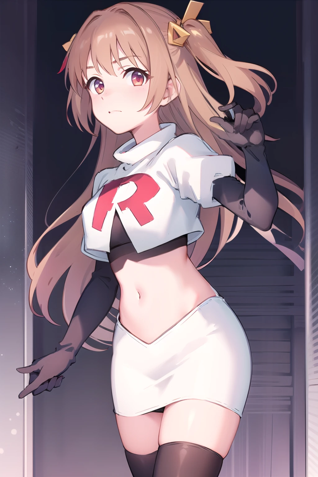 nozomi_routine,1girl, solo, long hair, two side up, holding, hair ornament, looking at viewer,yellow bow, hair ornament, team rocket,team rocket uniform,white skirt,red letter R,crop top,black thigh-highs,black elbow gloves