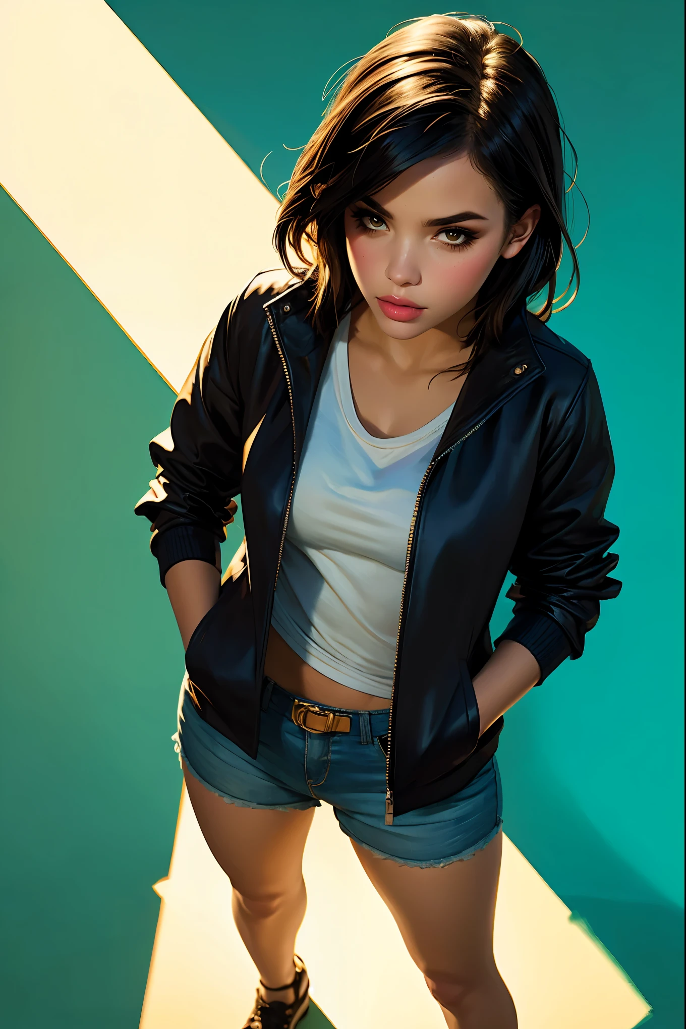 Girl in shorts, wear a jacket, hands in pockets, brush painting style, bright colors, volumetric light and shadow, (high-angle:1.2), (masterpiece, best quality:1.2), (simple background:1.5)
