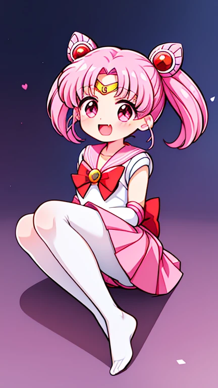 Sailor Moon,young年,Seven years old,cute,(Little Loli),Pink hair twintails,short hair,Sailor Suit,Red bow,White elbow gloves,Red Skirt,No shoes,Open your mouth,laughing out loud,Fangs,(White pantyhose),soles of feet,Soles,(young),(little man),sit