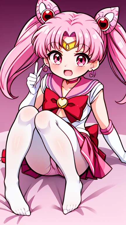 Sailor Moon，young年，Seven years old，cute，（Little Loli），Pink hair twintails，short hair，Sailor Suit，Red bow，White elbow gloves，Red Skirt，No shoes，Open your mouth，laughing out loud，Fangs，(White pantyhose),soles of feet，Soles，(young)，(little man)，sit