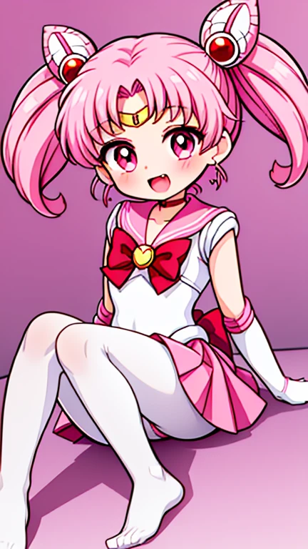Sailor Moon,young年,Seven years old,cute,(Little Loli),Pink hair twintails,short hair,Sailor Suit,Red bow,White elbow gloves,Red Skirt,No shoes,Open your mouth,laughing out loud,Fangs,(White pantyhose),soles of feet,Soles,(young),(little man),sit