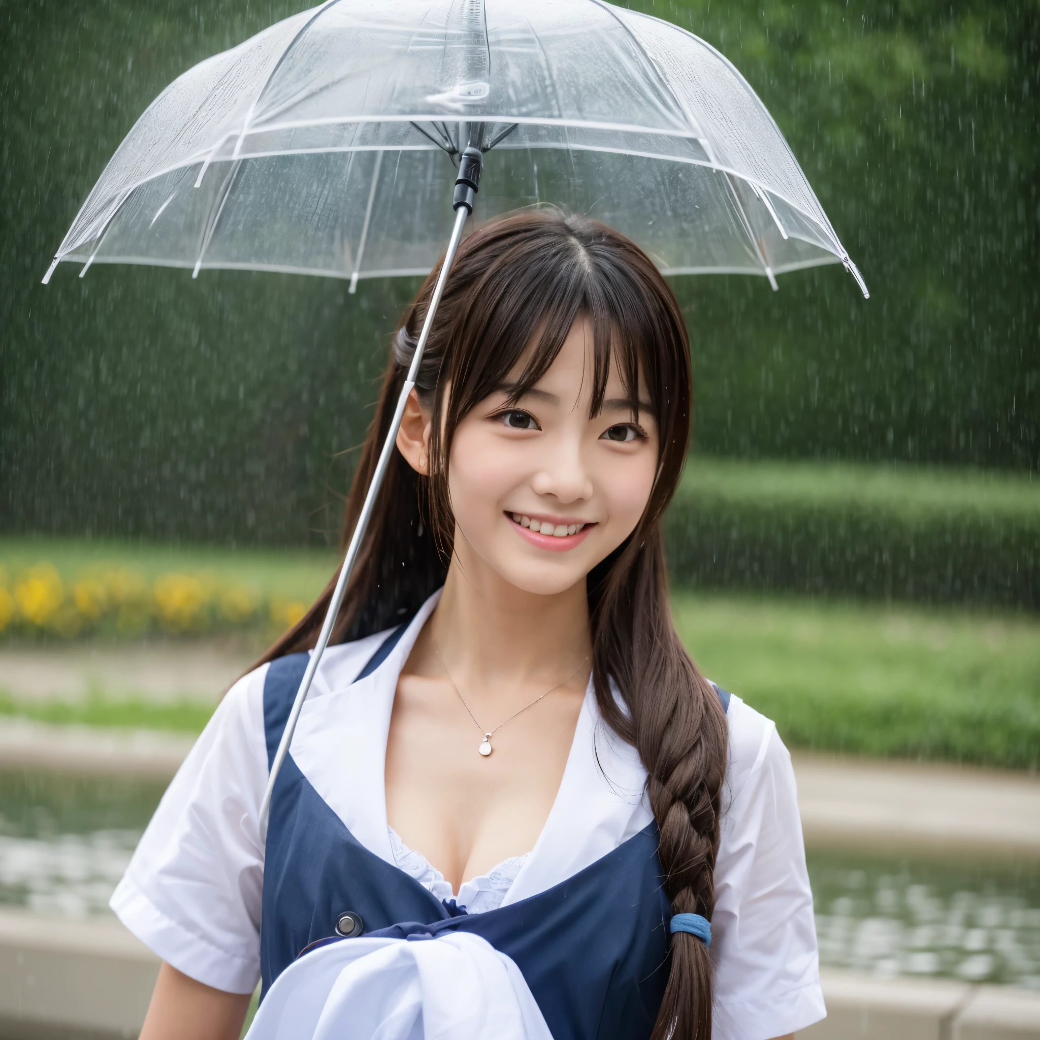 songkran,Wet roads , soaked,drenched, Wet Faceに滴る, Wet Face,Wet clothes, Wet Skin, Wet Hair,A young woman with a cute face like an idol,My face is wet with rain,chest,A maid outfit with a cleavage-revealing design,clinging,RAW Photos,Genuine,Real,High definition,Raw photo,masterpiece