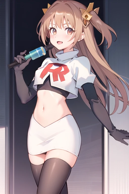 nozomi_routine,1girl, solo, long hair, two side up, holding, hair ornament, looking at viewer,yellow bow, hair ornament, team rocket,team rocket uniform,white skirt,red letter R,crop top,black thigh-highs,black elbow gloves