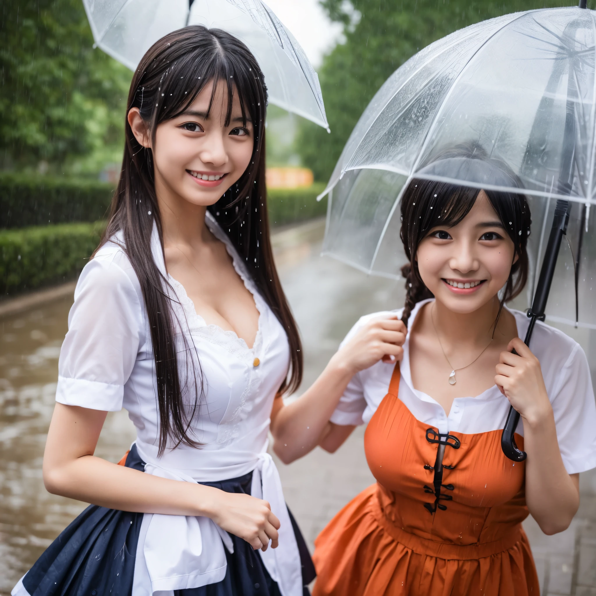 Cute face like a -yeld idSmiling Kindly　Japanese maid cafe outfit　Maid clothes　Cosplay　Cleavage　Medium bust　In the heavy rain、No umbrella　No umbrella　My hair, face and whole body are soaked from the rain　Standing soaking wet in the middle of the city　RAW Photos　Genuine　Genuine　High resolution