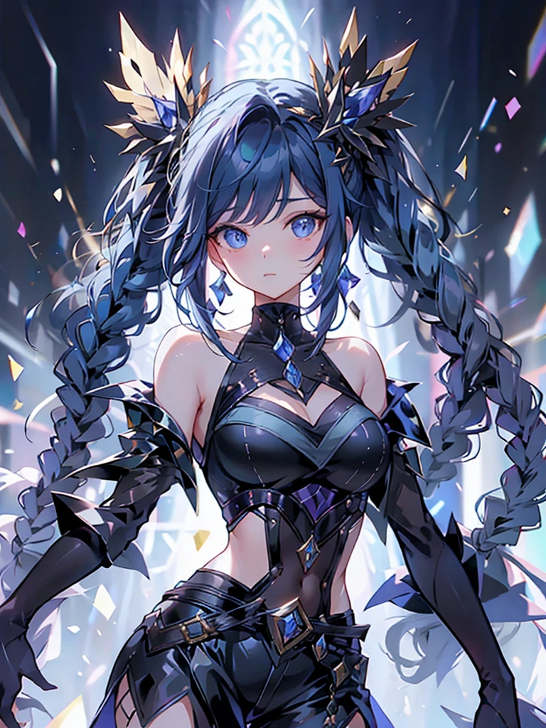 17-year-old girl、wearing a black elegant hat、Rune background、black magician、Wearing a black robe、mesmerize、cute woman、Elegant hairstyle、indigo hair color、Slightly shorter hair、blue eyes、look at the viewer、masterpiece、Best image、