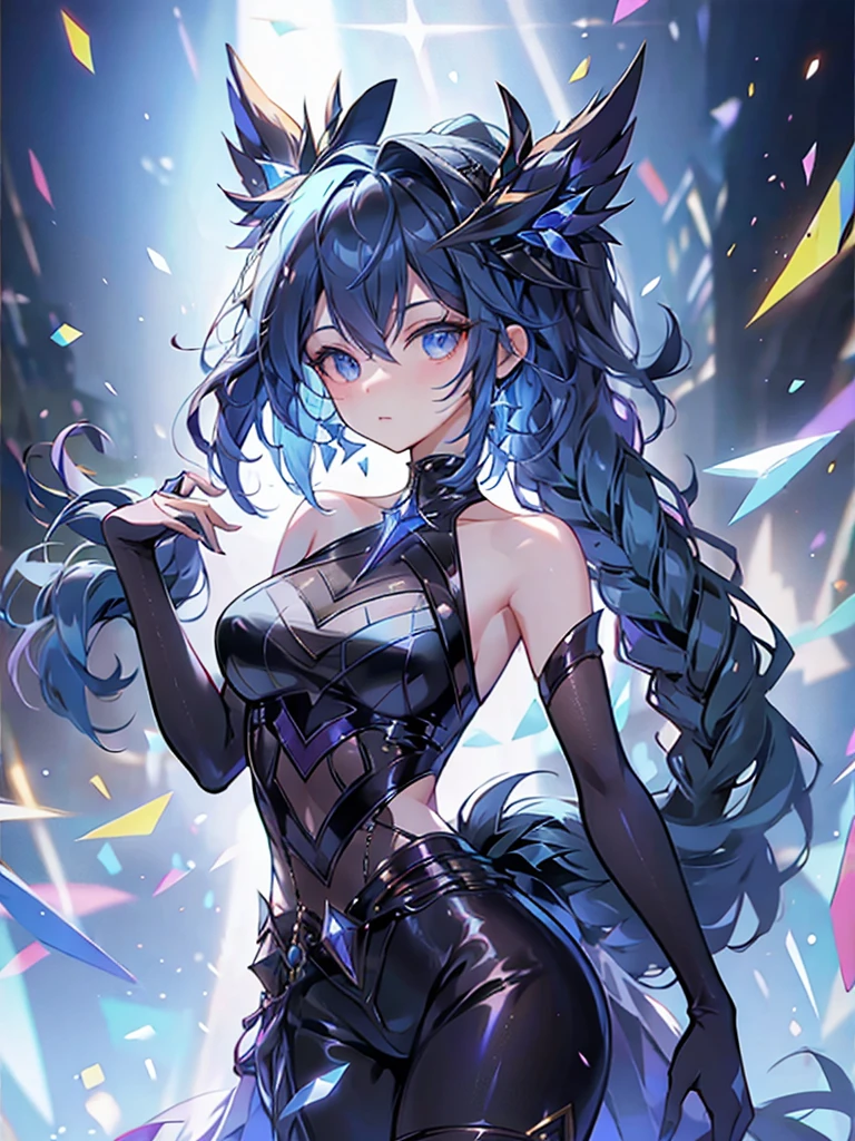 17-year-old girl、wearing a black elegant hat、Rune background、black magician、Wearing a black robe、mesmerize、cute woman、Elegant hairstyle、indigo hair color、Slightly shorter hair、blue eyes、look at the viewer、masterpiece、Best image、