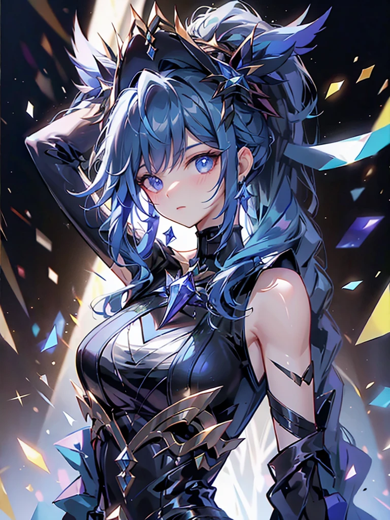 -yeld giwearing a black elegant hat、Rune background、black magician、Wearing a black robe、mesmerize、cute woman、Elegant hairstyle、indigo hair color、Slightly shorter hair、blue eyes、look at the viewer、masterpiece、Best image、