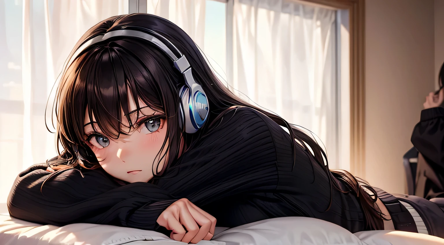 woman　Only one person depicted　relax in the room　Wearing headphones　Wearing an oversized sweater　wearing a black sweater　Long Hair　brown hair