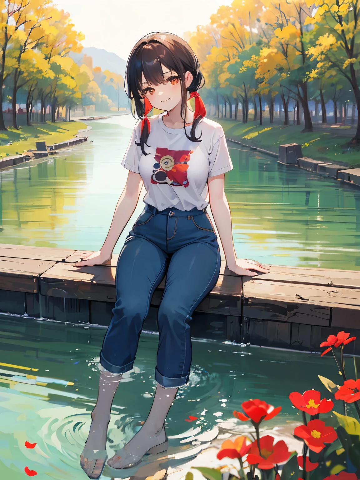 arte digital, (chica, rojo_cabello, flores, pantalones anchos, Camisa blanca, sonrisa discreta, aspecto lindo), (sentado en un banco, river in the background, hora dorada),, by Daniil Suponitskiy jpegman