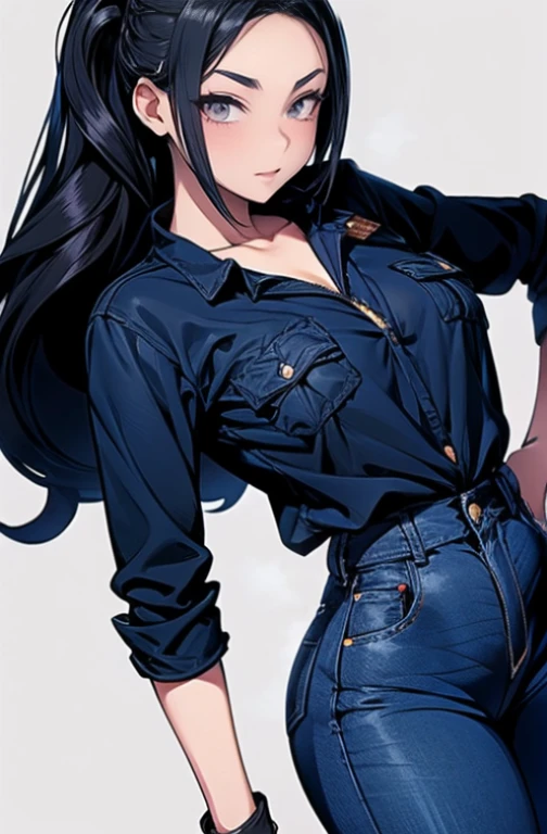 (3/4 retrato) adolescente de pele morena escura, Olhos muito afiados (olhos pretos afiados), medium black hair (penteado com corte de lobo em camadas longas), camisa branca sem mangas (Ajuste solto), black karate gloves, very wide pants (wide blue jeans, Wide Jeans, high waist jeans cargo pants)