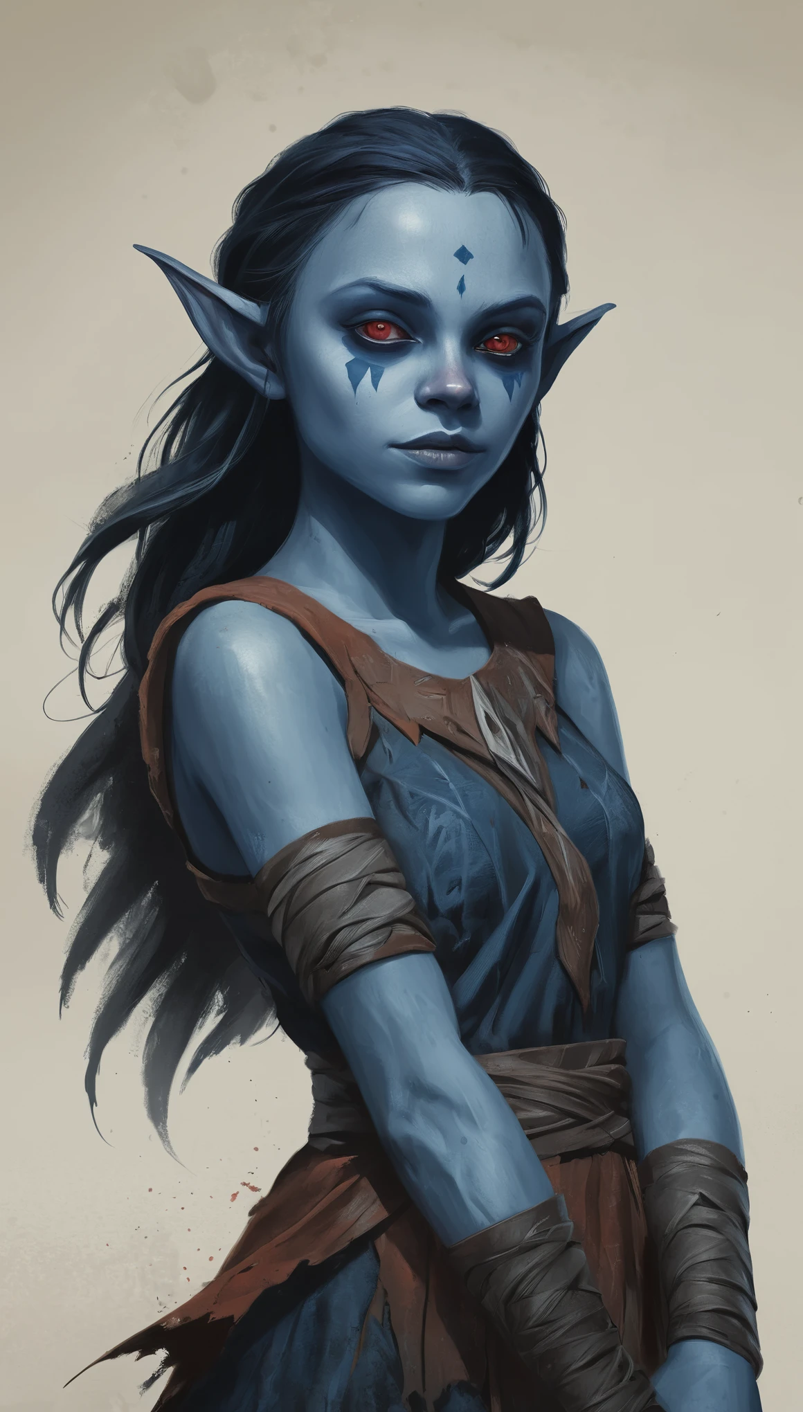 An illustrated movie poster, hand-drawn, full color, a young drow girl, drow elf, wearing a tattered tunic, blue skin, blue complexion, pointy elf ears, ruby eyes, dark hair, long loose waves, waist-length hair, posing in a fiery volacnic wasteland, hard shadows, graphite shading, stencil marks, airbrushed acrylic paint, masterpiece, in the style of Rockstar Games