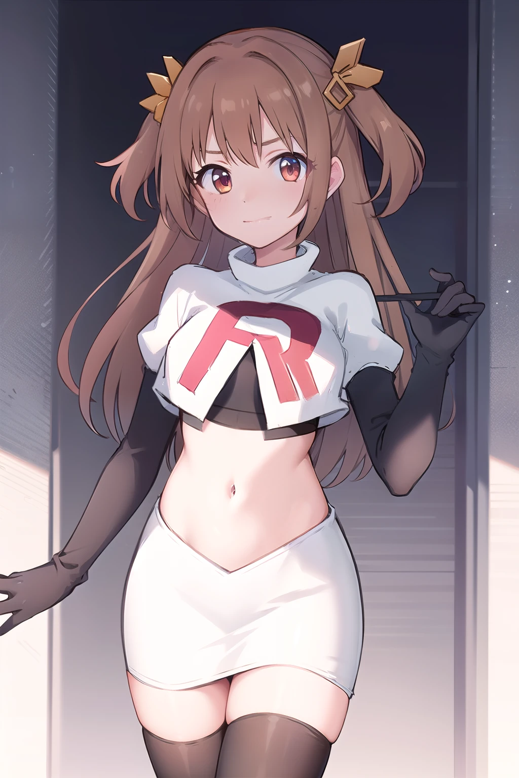nozomi_routine,1girl, solo, long hair, two side up, holding, hair ornament, looking at viewer,yellow bow, hair ornament, team rocket,team rocket uniform,white skirt,red letter R,crop top,black thigh-highs,black elbow gloves