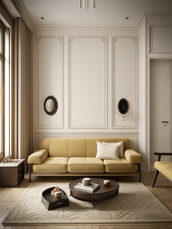 (((parisian-style livingroom))),  felling vintage,1 television on the wall:1.3, a brown wooden floor, cream-colored curtains, a white door, and super sharp photos that exude elegance.