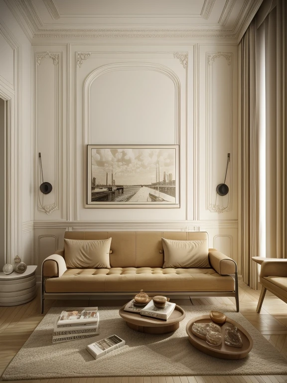 (((parisian-style livingroom))),  felling vintage,1 television on the wall:1.3, a brown wooden floor, cream-colored curtains, a white door, and super sharp photos that exude elegance.