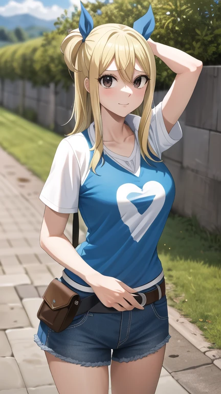 Obra maestra, mejor calidad, high resolution, Lucy Heartfilia, pelo rubio, pelo largo, pechos grandes, Camisa blanca, sin mangas, belt, falda azul, tiro de vaquero, de pie, mirando al espectador, al aire libre