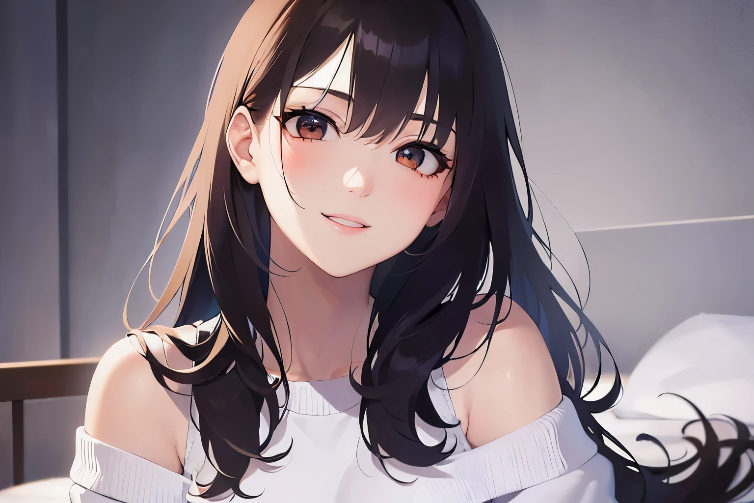 looking up, Upper Body, Realistic, real person, (pale skin: 1.2), RAW photo, photorealistic, portrait photography, shiny skin, shiny hair、(A 25-year-old woman with medium-length hair and bangs) and (wavy hair) and (brown hair) and (orange eyes) ,(White off-shoulder blouse) and (long sleeve), (smile:1.5), open mouth, The background is the bedroom、Alone、Sitting、bed
