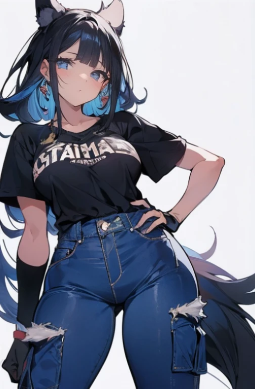 (3/4 retrato) adolescente de pele morena escura, Olhos muito afiados (olhos pretos afiados), medium black hair (penteado com corte de lobo em camadas longas), camisa branca sem mangas (Ajuste solto), black karate gloves, very wide pants (wide blue jeans, Wide Jeans, high waist jeans cargo pants)
