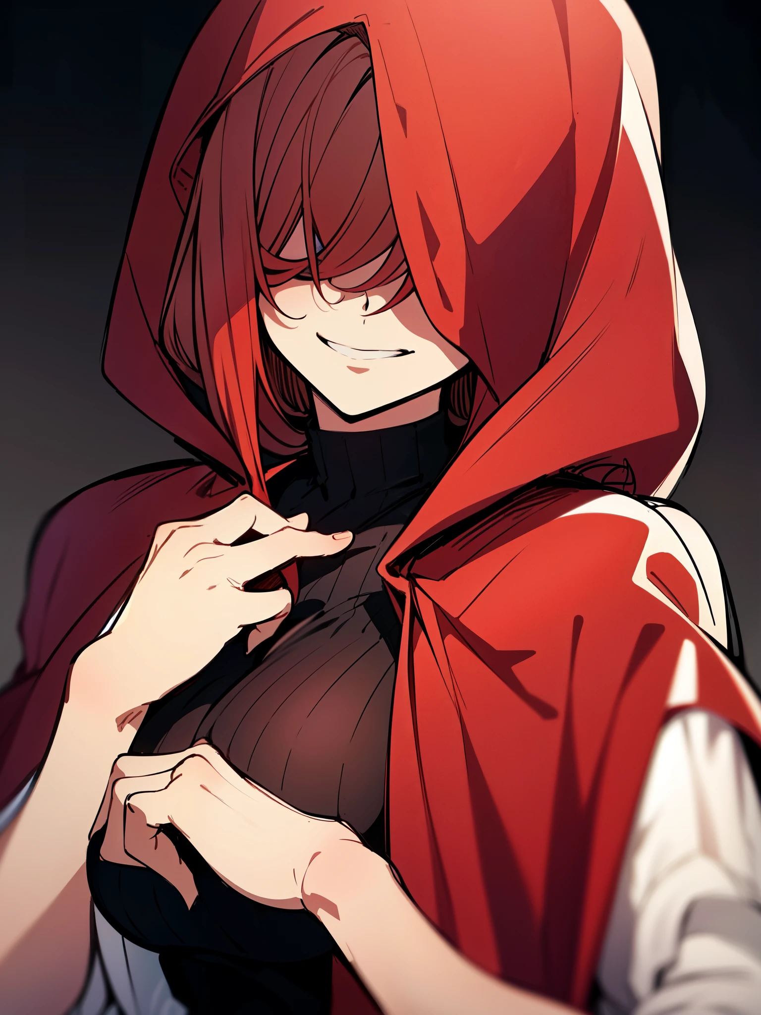 ((hair over eyes)), ((smug expression)), ((light skin)), ((beautiful face)), ((little red riding hood)), ((black suit)), curvy body, ((mature female)), 1girl, beautifully drawn, high resolution illustration, High definition, ((detailed anime sketch)), (solo), absurdres, portrait, ((upper body)), ((red hair)), ((long hair)), detailed background, fine detail, female focus, HDR, ((complimentary colors)), ((close-up)), anime, anime, best quality, Masterpiece, ((red cloak)),