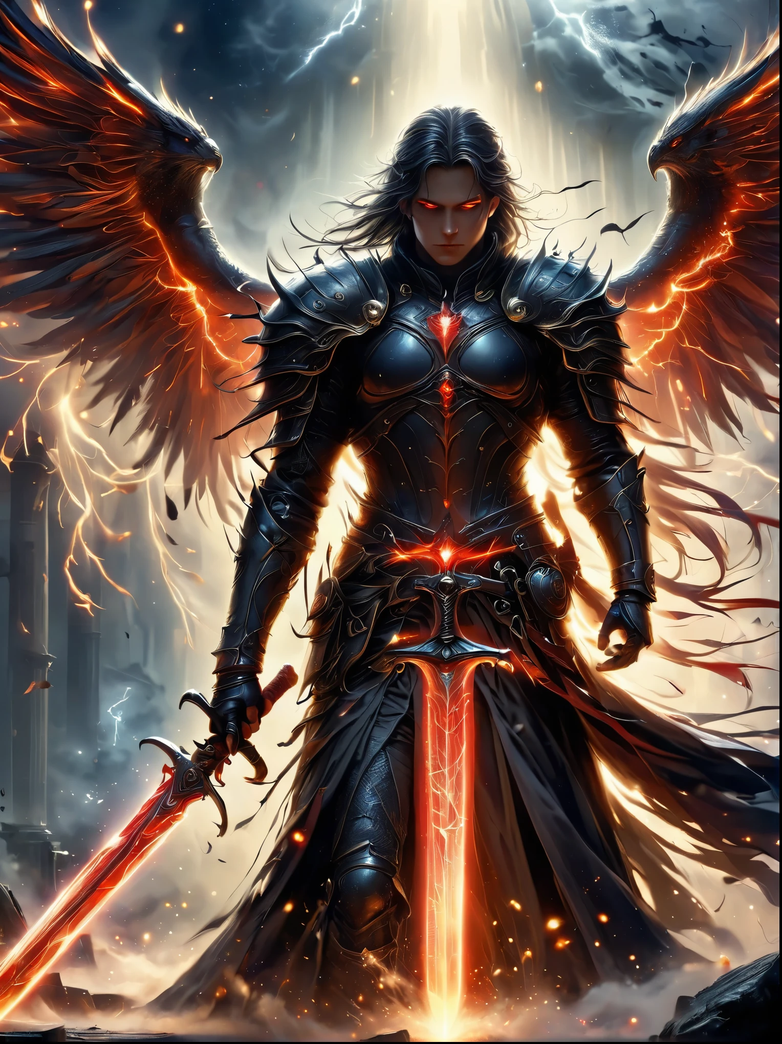 (best quality,high resolution,Super detailed:1.2),(Practical:1.37),(HDR,stunning lighting,shadow play),(Mysterious atmosphere,ominous premonition),(magic,ethereal,Obsessed),(Gothic architecture),(swordsman:1.3), (Holding a long sword in both hands:1.5),(Focused gaze),(Dramatic pose),(dynamic action),(graceful wings),(Flashing Halo),(heavily clouded),(epic battle scene),(Moonlit Night),(令人Obsessed,majestic),(Strong stance),(Sinister existence),(unforgettably beautiful),(Curved tendrils),(Mysterious symbols),(Holy Energy),(dark feather),(Fates are intertwined),(otherworldly realm),(Ancient ruins),(Blood red moon),(The wind whispered),(battle scars),(Gorgeous sword),(Ominous Crown),(Golden Seal),(ethereal mist),(Premonition of danger),(Cold Touch of Darkness),(conflicting emotions),(Serious expression),(Heaven and hell),(The struggle between light and darkness),(The inner demon),(Overcome adversity),(ultimate sacrifice),(Eternal Balance),(Destined for greatness),(Dark Legacy).