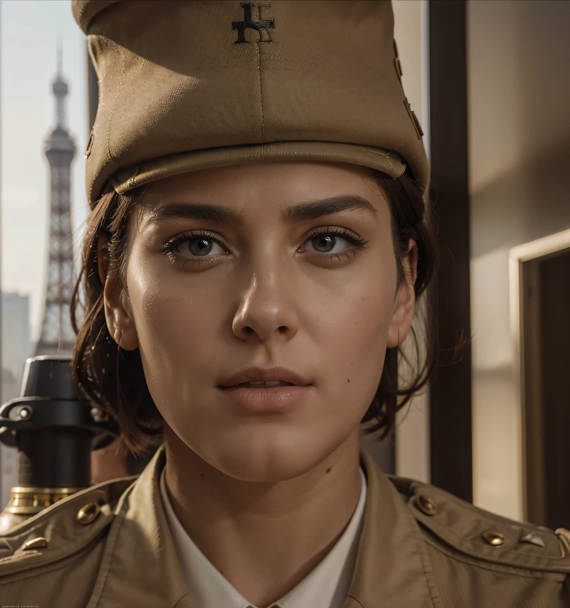 Military general man, Face of a very masculine French man, short black hair, beige military uniform, beige military hat, in the background of the image you can see the eiffel tower, Ultra detailed, hyperrealistic, 4k, Ultra detailed image, realistic , Highly detailed, perfect composition, splendid, Intricately detailed, Incredibly detailed, 8 k artistic photography, hyper detailed, Masterpiece, Ultra detailed, hyper realistic, 4k, Ultra detailed image, realistic, Highly detailed, perfect composition, splendid, Intricately detailed, Incredibly detailed, 8 k artistic photography, hyper detailed, Masterpiece