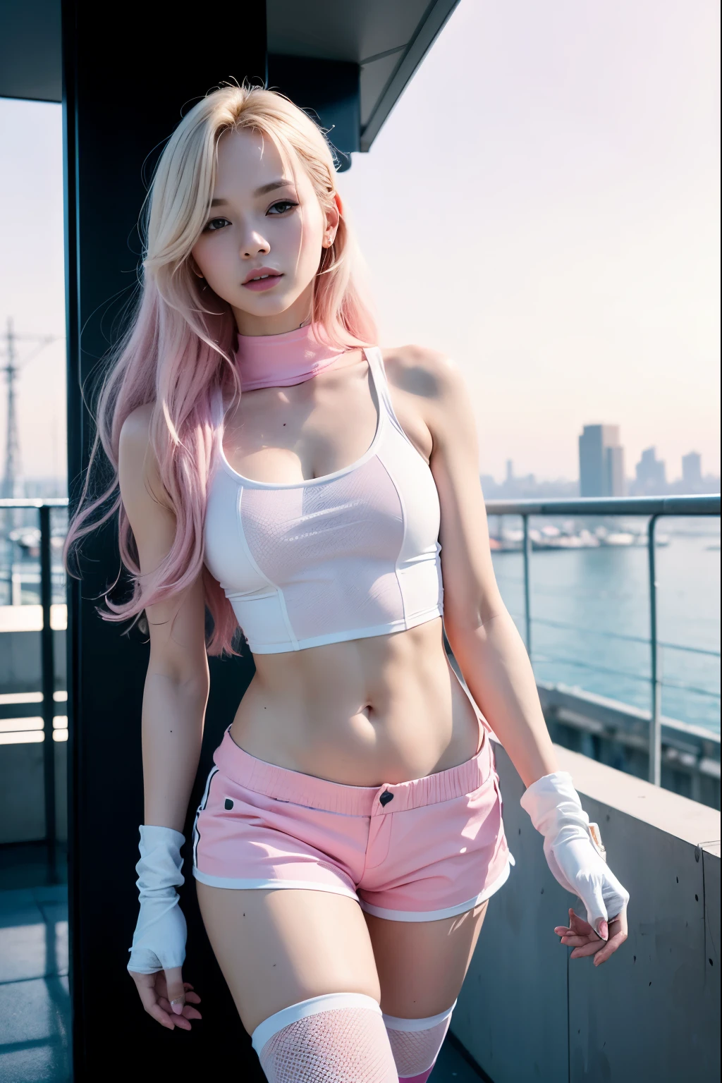 (solo), (a detailed full body RAW photo of a girl), (masterpiece:1.0), (best quality:1.4), (ultra highres:1.2), (photorealistic:1.4), 8k resolution, Canon EOS R5, 50mm, absurdres, ultra detailed, (18yo), sharp focus, cinematic lighting, detailed beautiful face, (ulzzang-6500-v1.1), figure, detailed skin texture, pale skin, flat chest, (pale :0.5), (skinny and fit body:1.3), detailed long blond hair, messy hair, (Avril Lavigne:0.7), smiling, (futuristic fashion, streetwear, high-tech fabrics, fireproof material, shorts, elbow and knee pads, racing gloves:1.1), contrapposto, (Kpop idol), (azur lane\), cityscape, outdoors, ((white+pink theme)),