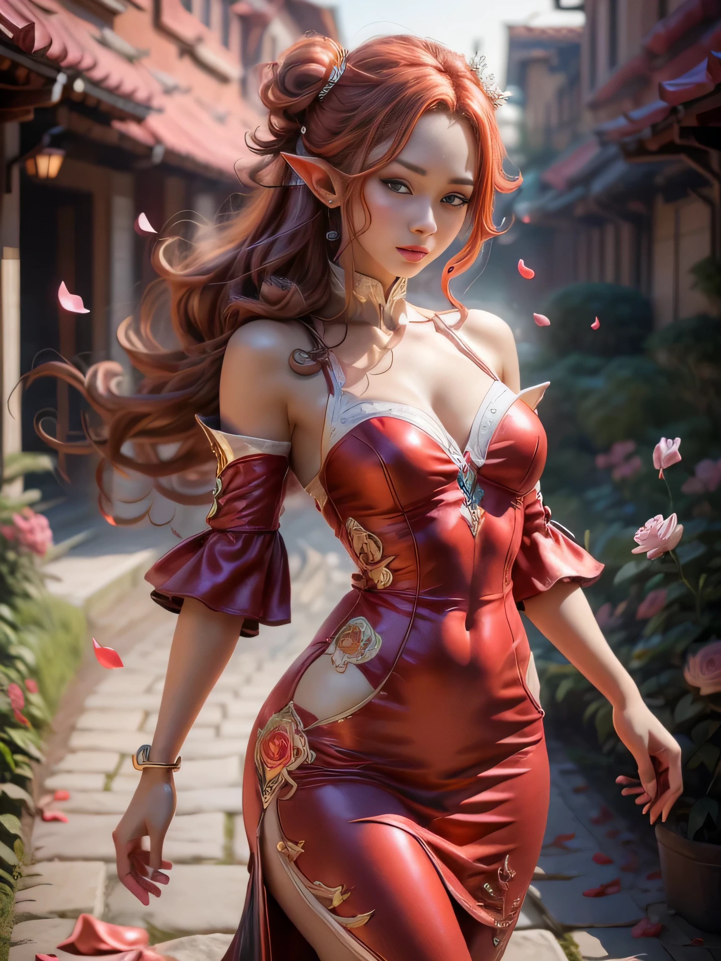 There is a full size figure of a beautiful red hair elf girl dancing in the middle of red rose garden surrounded with rose petals flying on the wind, great quality anime art, illustration, high quality realistic anime art, seductive face expression, beautiful elf girl with blue eyes, 8k character details, high quality anime art, melodic aura around women, high quality illustration, detailed anime wallpaper, detailed anime art