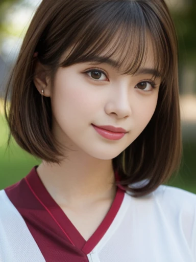(8k、Live Shooting、highest quality、masterpiece:1.2)、(Genuine、photoGenuineistic:1.37)、Beauty、22 years old、Super detailed face、Attention to detail、double eyelid、Long eyelashes、Beautiful thin nose、Sharp focus:1.2、Beautiful woman:1.4、(Maroon brown hair、Short Hair)、(Detailed facial features)、Brunette eyes、Natural Bangs、White skin、(Exquisite CGI)、highest quality、masterpiece、超A high resolution、(Photorealistic:1.4)、Highly detailed and professionally lit smile、looking at the camera、(Bright lighting)、Professional Lighting、Smooth lighting、One person is standing、(Short sleeve cycling jersey), (Berry Shorts)、(Outdoor)、hot pants、