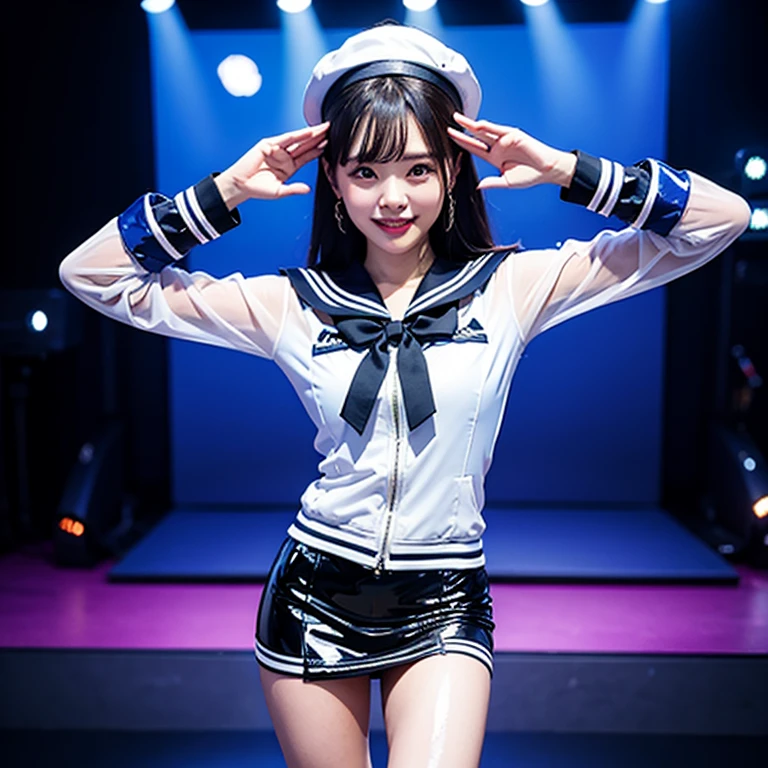 A young and beautiful woman、very beautiful、Top Idol、smile、Sweat、belly button、Dance hard、Hair is moving、((Tight, transparent latex sailor suit and miniskirt:1.45))、(ribbon、Sailor Hat)、(Wearing underwear)、(The concert stage)、Spotlight、View your viewers、