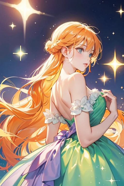 She is a pale orange with a light green back fin. She also wears a lavender dress. SPARKLE; GLITTER
