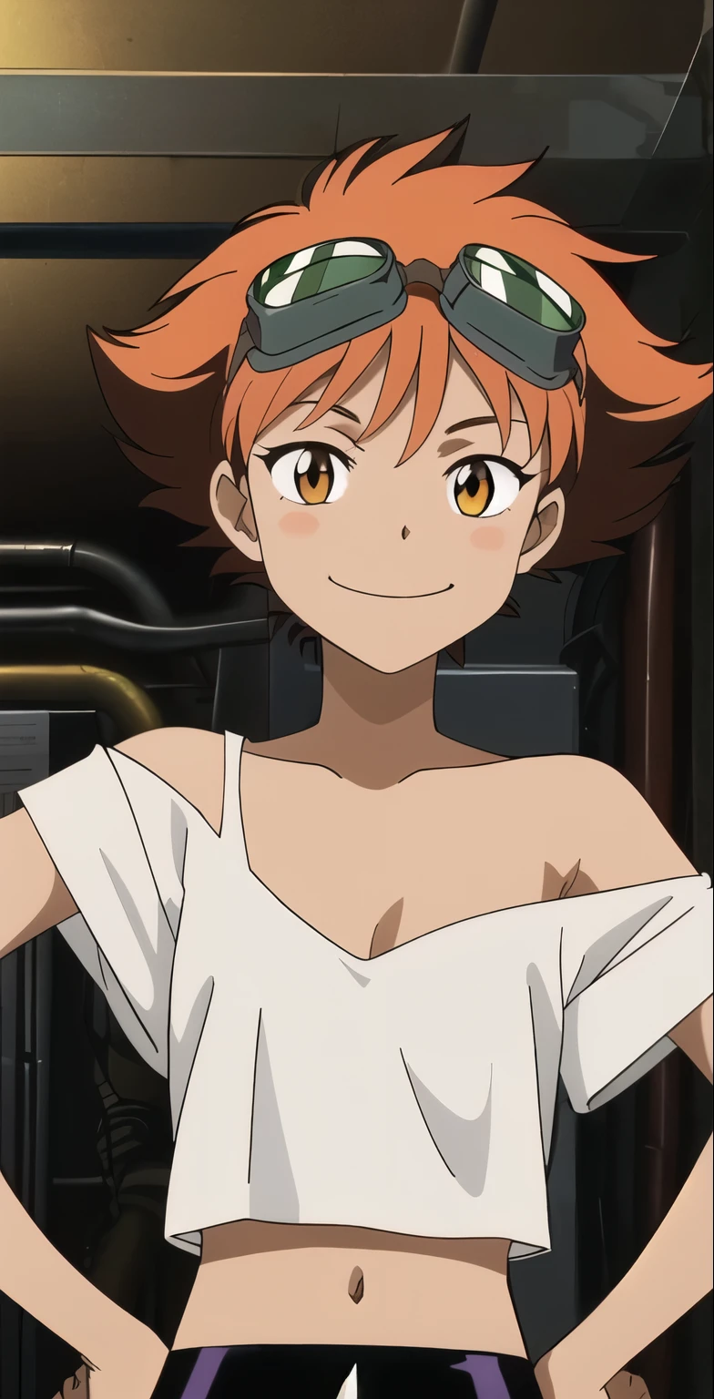 Edward, midriff, orange hair, (white loose shirt), off one shoulder, bike shorts, brown eyes, goggles on head, smile, space station, engine room, hands on hips, standing, upper body, (insanely detailed, beautiful detailed face, masterpiece, best quality , small breasts, cleavage