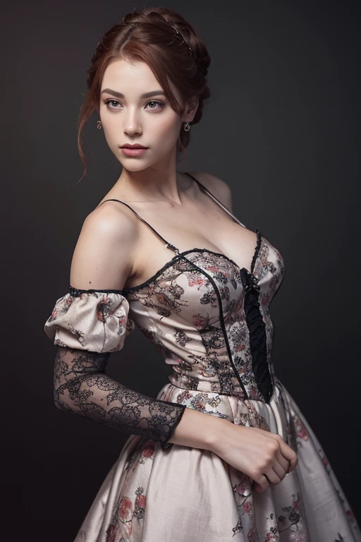 estilo realista, Obra-prima. mulher banca e ruiva com penteado de princesa, usando vestido branco. black background with roses behind the woman
