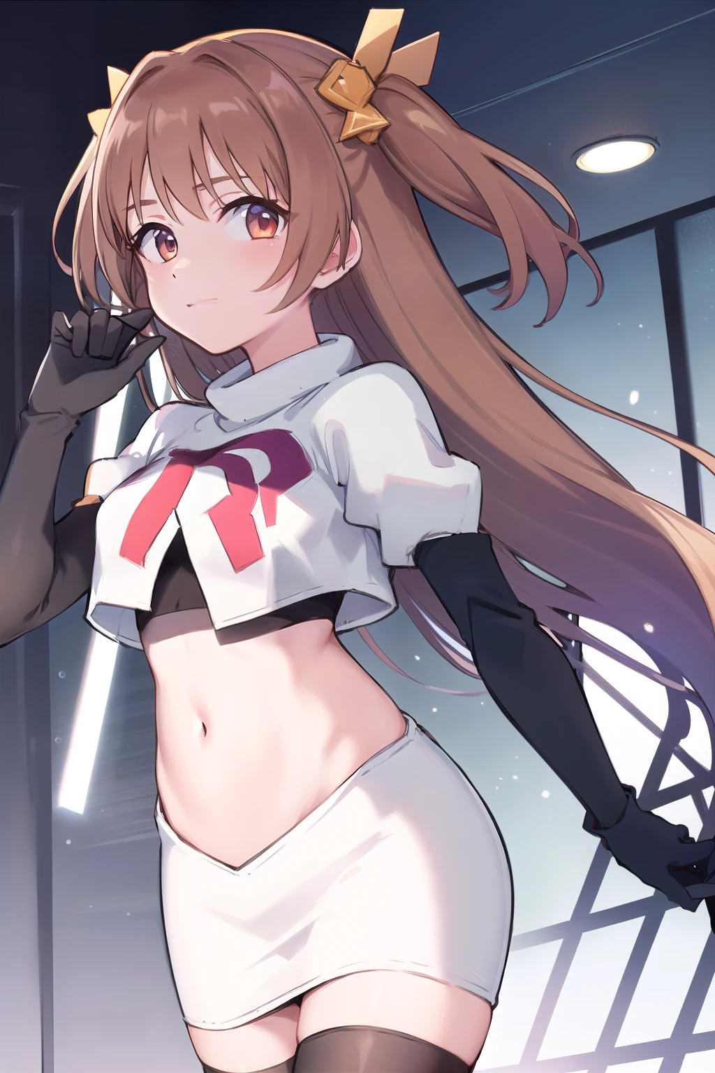 nozomi_routine,1girl, solo, long hair, two side up, holding, hair ornament, looking at viewer,yellow bow, hair ornament, team rocket,team rocket uniform,white skirt,red letter R,crop top,black thigh-highs,black elbow gloves