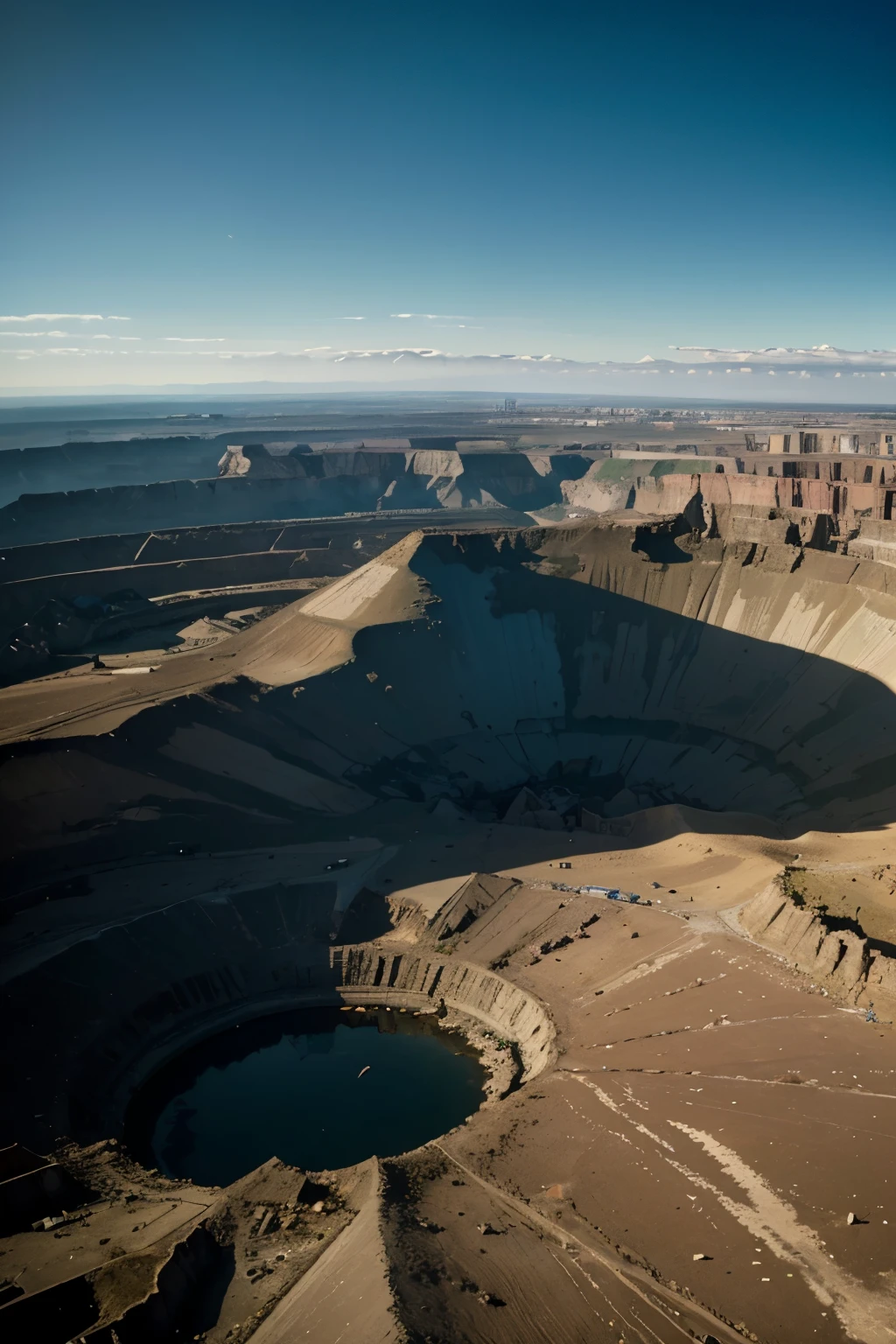 (Best quality, Ultra high-definition, masterpiece: 1.5), Aerial perspective, Cityscape, Gigantic crater, Ruins, Metropolitan landscape, Sharp focus on crater edges, Intense contrast, Volcanic eruption aftermath, Photorealistic rendering, Razor-sharp detail, Cinematic color palette, Wide birds-eye view, Muted tones, Dramatic lighting, Shadows and highlights, Infrasound waves, Dusk or dawn setting, Minimalistic composition, Taken from helicopter or airplane, Crisp textures, Depth of field, Broken buildings and debris, Grid-like street pattern,