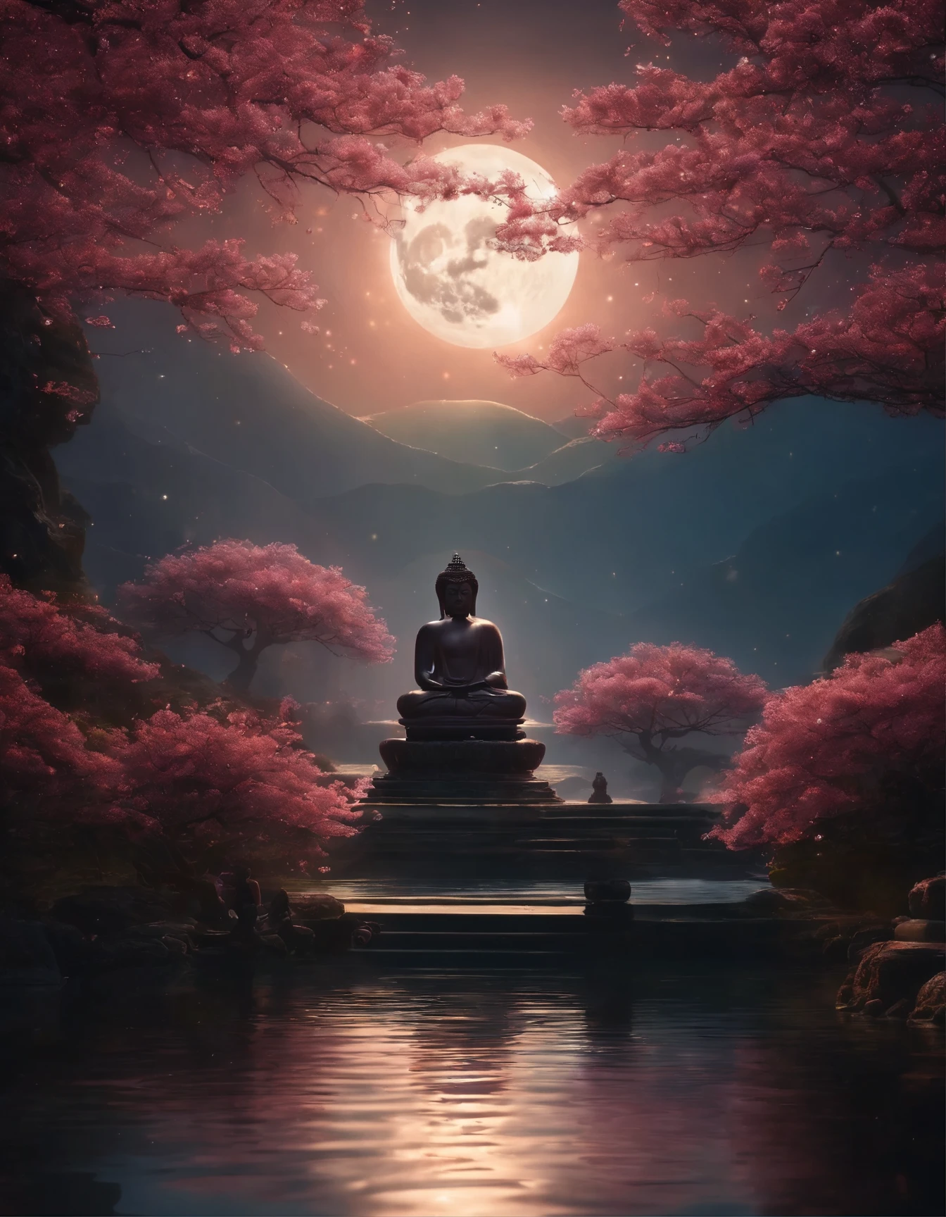 (((masterpiece))), (((best quality))), ((Super detailed)), ((Extremely subtle)),Movie Lighting,((Underwater)), Full of plum blossoms, ((A water bottle is jogging)), Water Ripples,bubble,Sun, moon and stars,Buddha's light