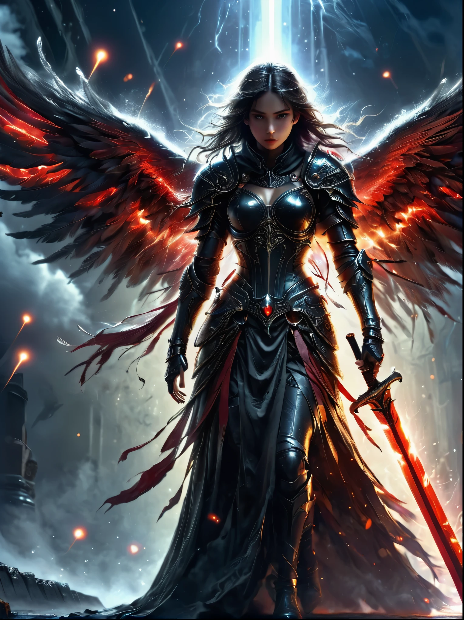 (masterpiece, best quality:1.2), Space Fallen Angel, Luminescence的眼睛, Cloak，hood，Holding a red long sword，moonlight，heavily clouded， Dark fantasy illustration style , dark arts, High contrast, Dark Shadows, atmospheric perspective, Melancholic colors, Thin Film Component, Volumetric Lighting, number, Brushstrokes, Dramatic Lighting, Low angle shot, Surrealism, Ultra Detailed, Surrealism生物力学, weird, Nightmare, Very bright colors, Light Particles, Luminescence, Mshiv, Wallpaper Art, Ultra HD Wallpaper