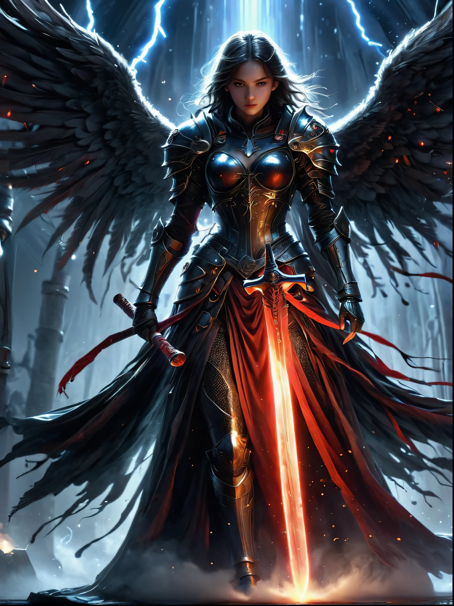 (masterpiece, best quality:1.2), Space Fallen Angel, Luminescence的眼睛, Cloak,hood,Holding a red long sword,moonlight,heavily clouded, Dark fantasy illustration style , dark arts, High contrast, Dark Shadows, atmospheric perspective, Melancholic colors, Thin Film Component, Volumetric Lighting, number, Brushstrokes, Dramatic Lighting, Low angle shot, Surrealism, Ultra Detailed, Surrealism生物力学, weird, Nightmare, Very bright colors, Light Particles, Luminescence, Mshiv, Wallpaper Art, Ultra HD Wallpaper