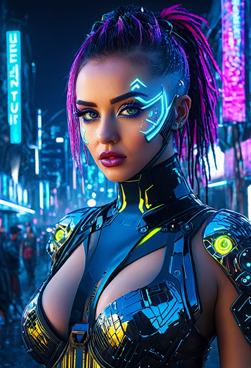 (best quality,4k,8k,highres,masterpiece:1.2),ultra-detailed,(realistic,photorealistic,photo-realistic:1.37),sexy cyber punk,beautiful detailed eyes,longeyelashes,neon lights,glowing tattoos,futuristic cityscape,metallic textures,reflective surfaces,high-tech gadgets,cybernetic enhancements,sleek and form-fitting outfits,dystopian urban environment,dramatic lighting,cool and confident attitude,street graffiti,urban decay,vivid colors,bokeh,sci-fi elements,mysterious atmosphere