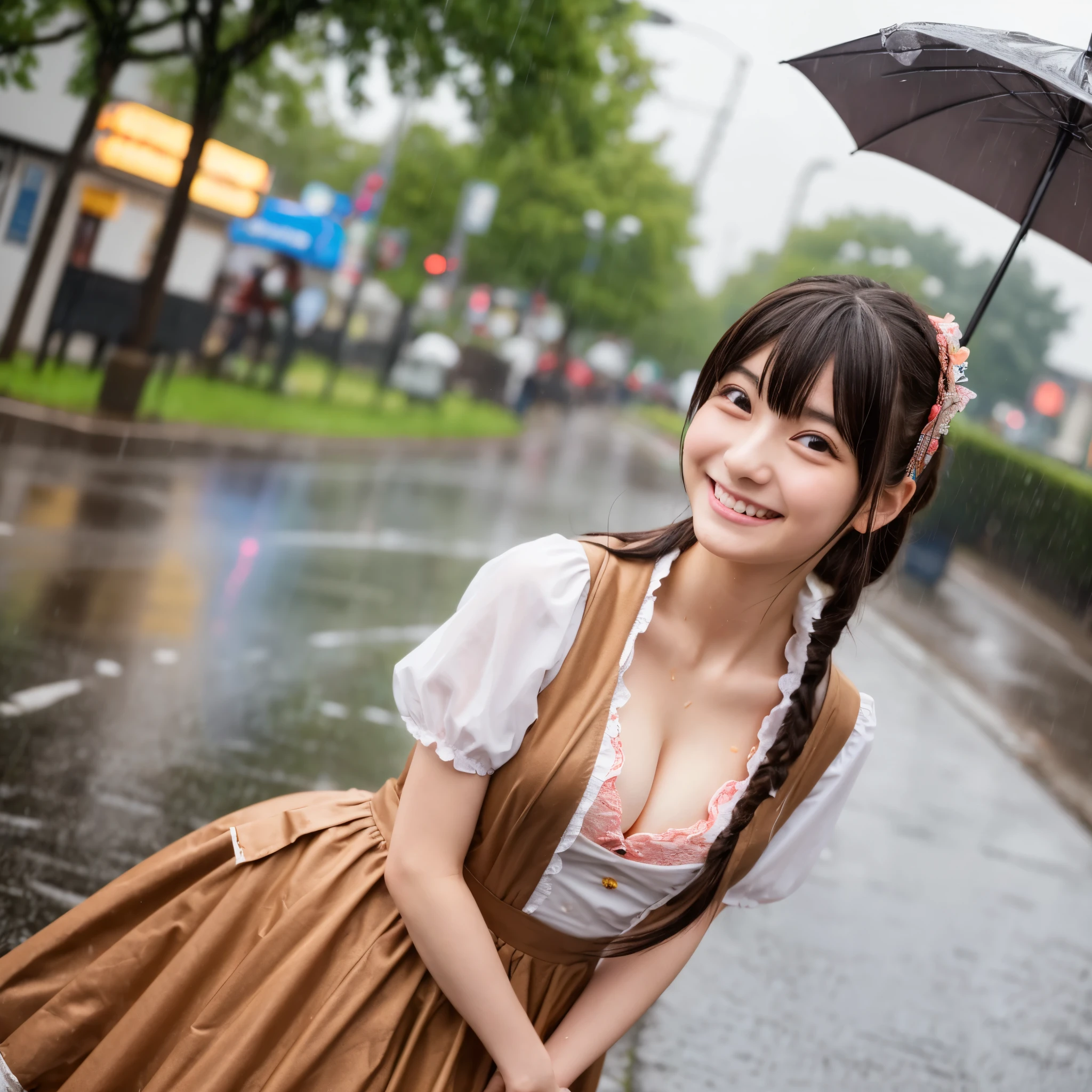 Cute face like a 15-year-old idol Smiling Kindly Japanese maid cafe outfit Maid clothes Cosplay Cleavage Medium bust In the heavy rain、No umbrella No umbrella My hair, face and whole body are soaked from the rain Standing soaking wet in the middle of the city RAW Photos Genuine Genuine High resolution