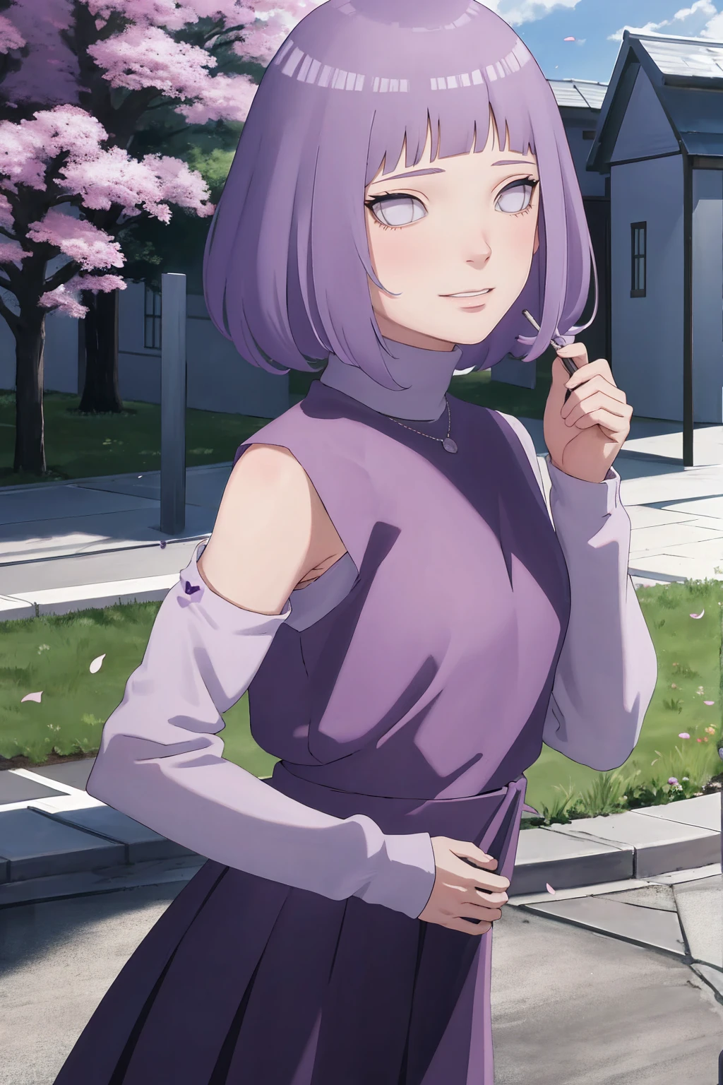 Meisterwerk, absurdres, Hinata\(Boruto\), 1girls, nur,reifes Weibchen, lila Kapuzenpullover,layered sleeves, braune Hose, al fresco,Lavendelblütenfeld, Blick auf den Betrachter, (falling petals), overcast sky, Perfekte Komposition, Detaillierte Lippen, large chest, Beautiful face, Body Propotion, flush, (rosa Lippen), Lange Haare, lila Augen, Sanfter Blick, sad smile, Super realistisch, Detailliert, Fotoshooting, Realistic face and body, Realistisches Haar, Realistische Augen, realistische Nase, Realistische Lippen, backwards, looking back