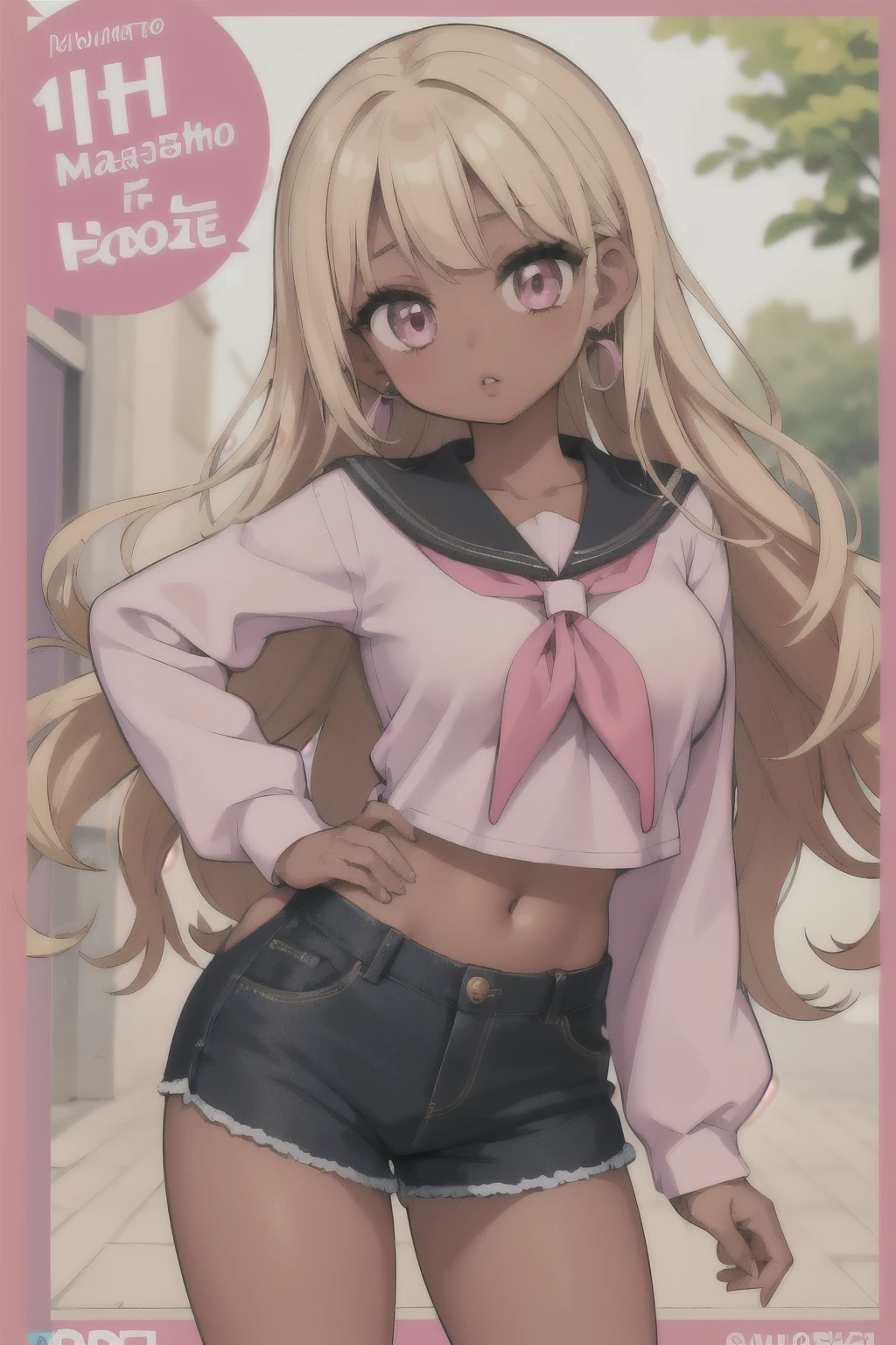 (masterpiece, best quality), 1girl, nude, Miss, Tall, Fit, Square Face, Dark Skin, blonde Hair, pink Eyes, Straight Nose, full Lips, Receding Chin, Long Hair, Wavy Hair, gyaru hair, highlights in hair, full breasts, earrings, lipstick, gyaru, gyaru loose school clothes,