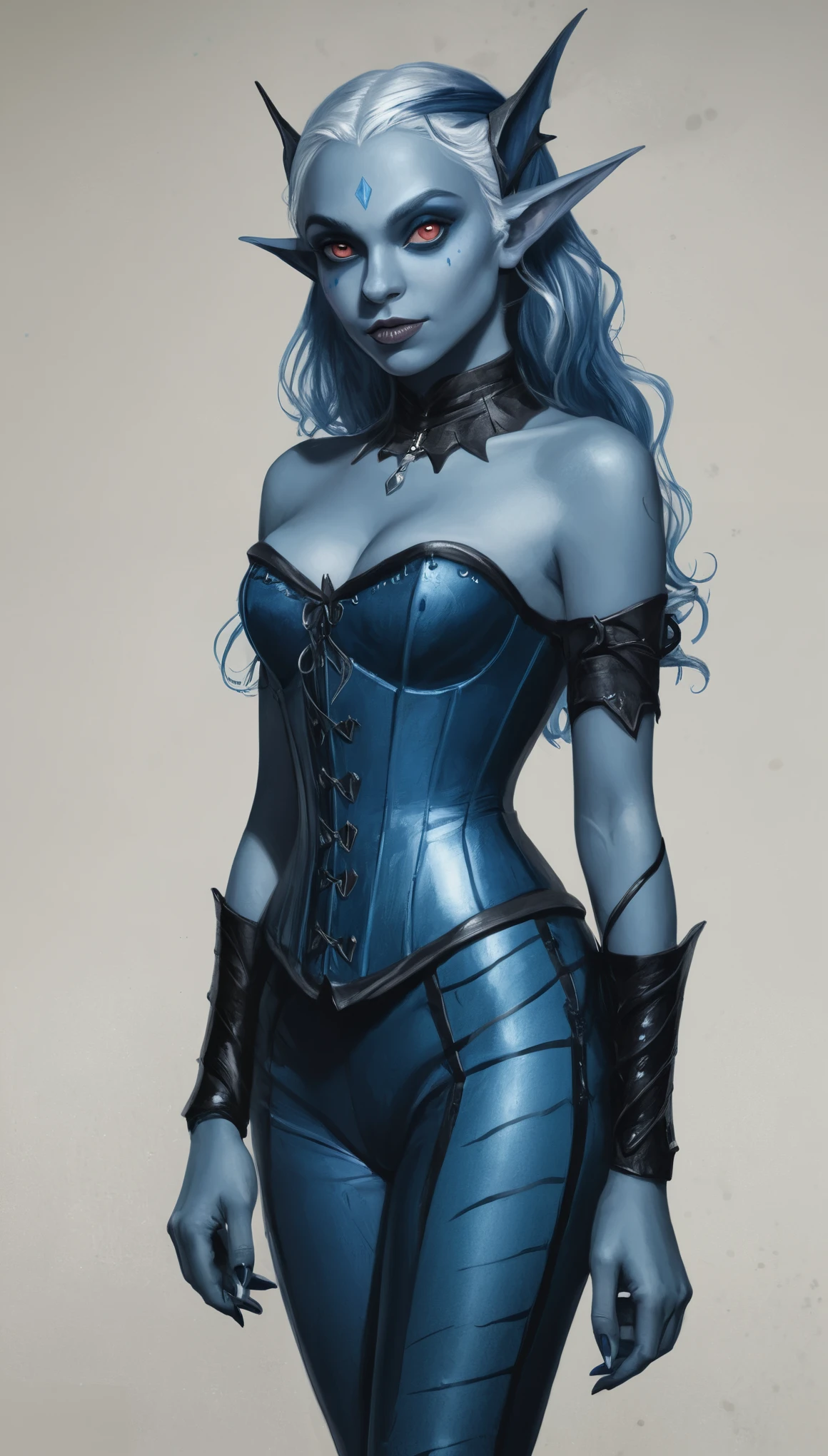 An illustrated movie poster, hand-drawn, full color, a young drow girl, drow elf, wearing a corset and leggings, blue skin, blue complexion, pointy elf ears, ruby eyes, dark hair, long loose waves, waist-length hair, posing like a model, hard shadows, graphite shading, stencil marks, airbrushed acrylic paint, masterpiece