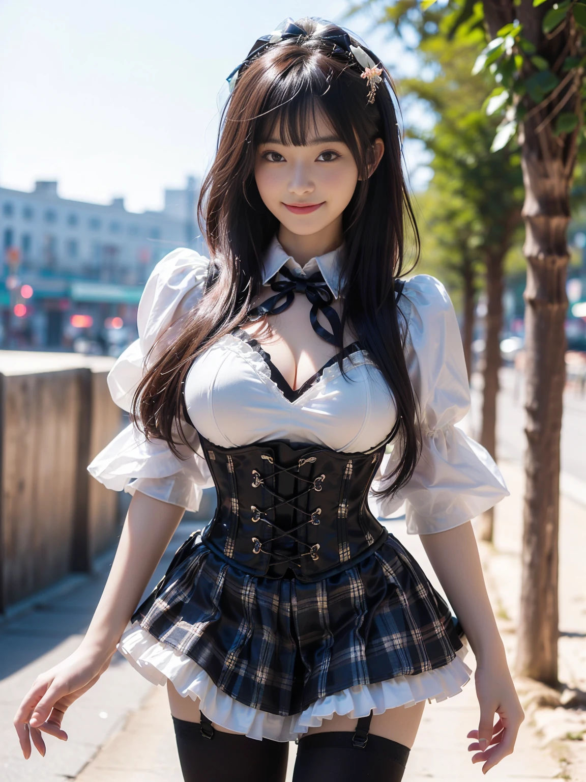 (masterpiece, realistic, photo-realistic:1.2), finely detail, ultra high res, perfect anatomy, best quality, 8K, soft focus, upper body shot, (happy smile:1.3), (2girls side by side,  Japanese girls, height 1.5meters:1.2), (gothic lolipuffy short sleeves, corset vest, mini-skirt, frills, gothic maid with tartan checked patterns, elaborated costume:1.2), (sexy pose emphasized breasts, standing on sandy beach, cleavage, leaning forward, focus on breasts:1.2), (black hair, short straight hair, blunt bangs:1.2), beautiful detailed face and big eyes, (white and smooth skin, glowing fair skin:1.3), (pointed huge breasts, gigantic breasts:1.3), (bloom, detailed background, beautiful downtown, road, superb view in Harajuku:1.2),